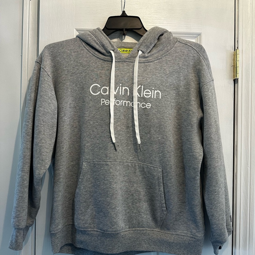 Calvin Klein Gray Pullover Hoodie with White Drawstrings